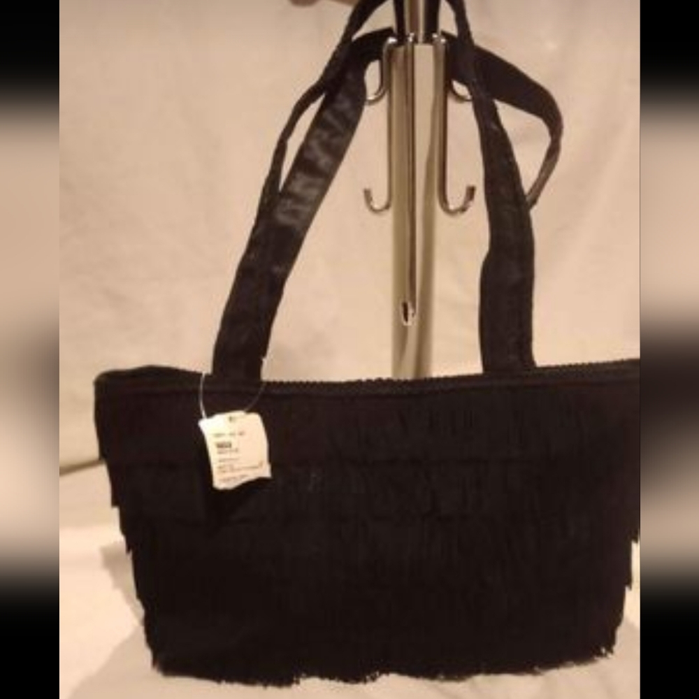 New- Braciano - Black fringed hand bag / purse - zipper closure & 3 inner pocket